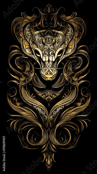 Fototapeta High detailed vector illustration of a snake head in ornate golden lines on a black background