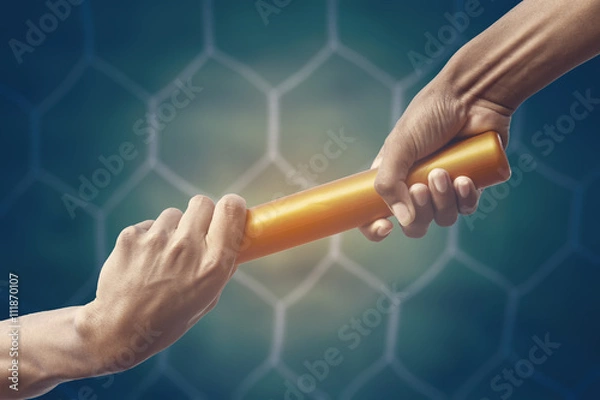 Fototapeta hands passing a relay baton on on soccer goal net background with vintage color tone effect.