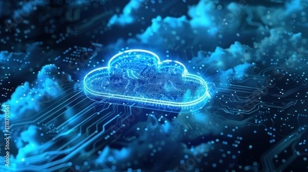 Fototapeta cloud technology concept with digital data and cloud icon on blue background, online storage system, history information, data connection, internet network, cyber security