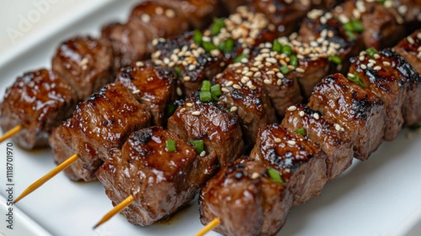 Obraz Grilled beef skewers garnished with sesame and chives.