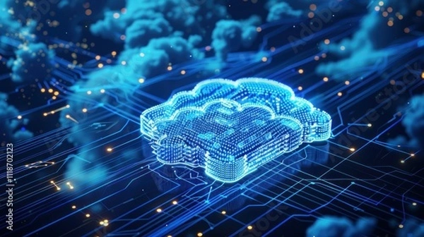 Fototapeta cloud technology concept with digital data and cloud icon on blue background, online storage system, history information, data connection, internet network, cyber security
