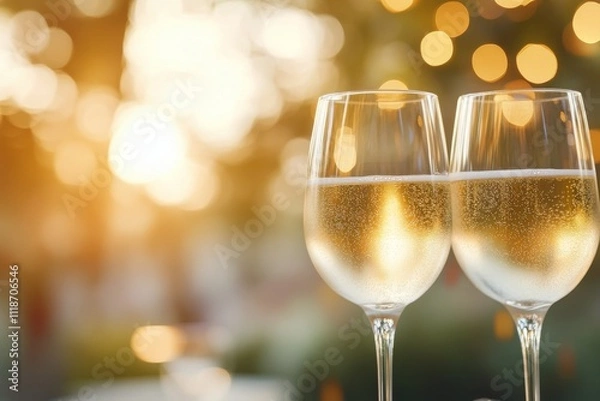 Fototapeta Toasting with sparkling wine in a festive setting under golden sunlight