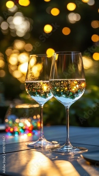 Fototapeta Sparkling glasses on a table reflecting sunlight during a warm afternoon