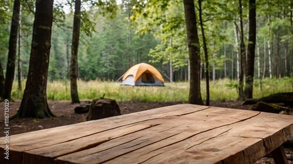 Obraz A empty wooden table in the foreground with a tent and trees in the blurred background, suggesting an outdoor camping scene in a forest