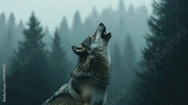 Fototapeta A wild wolf howling against a backdrop of a misty pine forest, its fur glistening with morning dew, medium close-up.