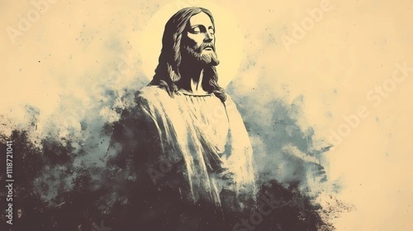 Fototapeta A serene Jesus statue portrayed in a mystical setting, surrounded by light and peaceful natural elements, symbolizing spirituality.