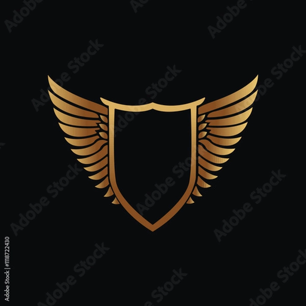 Fototapeta Luxury Elegant Gold Shield Emblem with Intricate Wings on Black Background