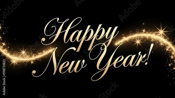 Fototapeta Sleek and Elegant New Year Greeting with Golden Cursive Text, Sparkles, and Light Trails on Black Background