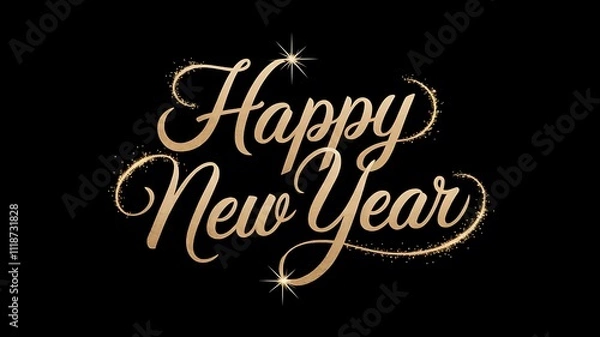 Obraz Sleek and Elegant New Year Greeting with Golden Cursive Text, Sparkles, and Light Trails on Black Background