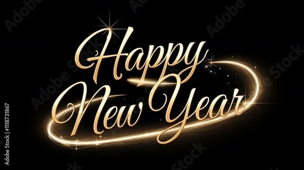 Fototapeta Sleek and Elegant New Year Greeting with Golden Cursive Text, Sparkles, and Light Trails on Black Background