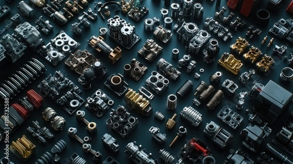 Fototapeta A collection of intricate mechanical parts displayed on a dark background for industrial use.