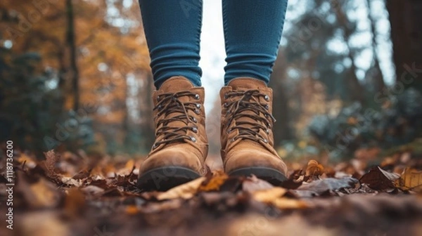 Fototapeta A photo of a person hiking in nature, emphasizing the benefits of outdoor exercise and stress reduction