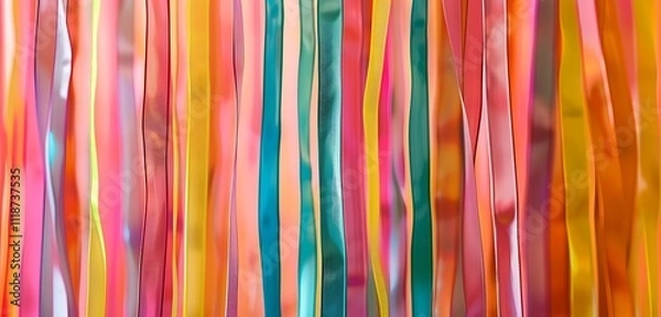 Fototapeta Bundles of colorful vertical stripes suspended against an abstract backdrop, adding vibrancy to any setting