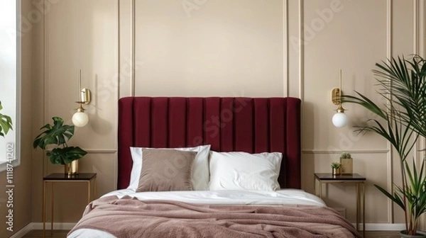 Fototapeta Modern bedroom with a luxurious berry red velvet headboard, beige walls, brass accents, and minimal plants, featuring minimalist design elements.