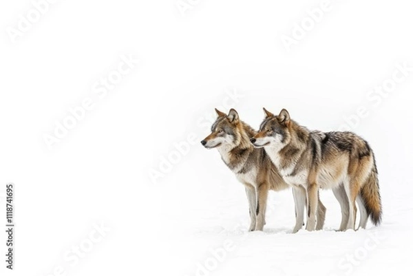 Fototapeta pack of wolves canis lupus isolated on snow on a white background