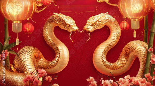Fototapeta Happy Chinese New Year greeting card with two golden snakes facing each other surrounded by lanterns bamboo and cherry blossoms on a red background Chinese zodiac year of the snake celebration