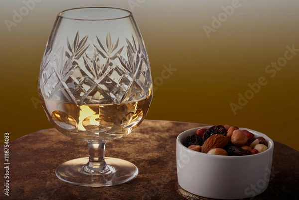 Fototapeta Large brandy in a brandy glass with a bowl of nuts at the side.