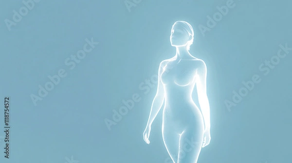 Fototapeta Digital wireframe silhouette of a female body glowing with blue light on a minimalist background