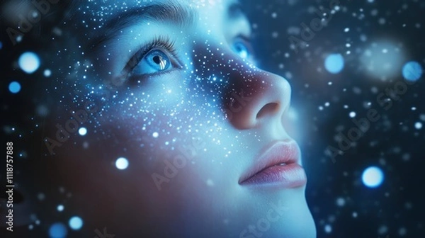 Obraz child gazes upward, surrounded by glowing particles