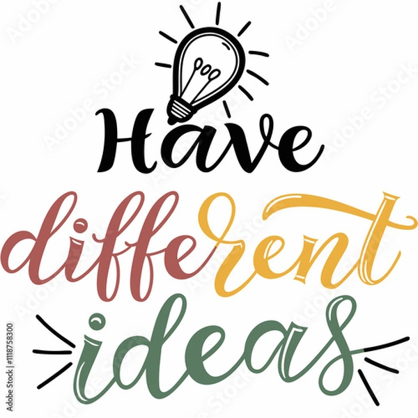 Fototapeta a white background with a yellow light bulb that says have different words.