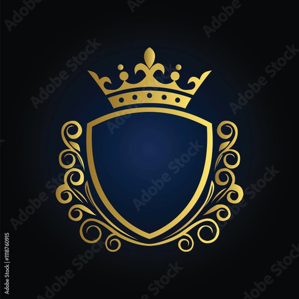 Fototapeta Luxury LHeraldic Emblem with Gold Shield, Crown, and Scrollwork on Dark Blue Gradient  
ogo H.eps
