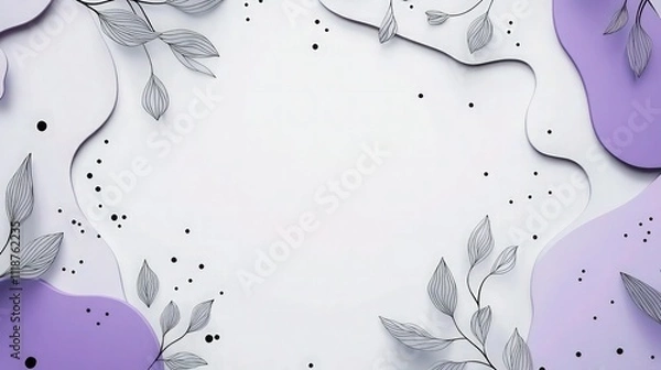 Fototapeta A clean white background surrounded by organic shapes in pastel lavender and deep purple, with delicate black leaf line drawings and scattered black dots, for a soothing abstract design.