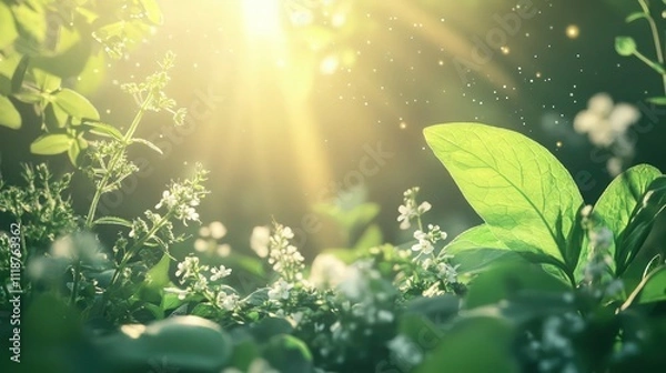 Fototapeta A calming visualization of herbs like valerian root and lemon balm, with a soft, glowing light that represents their healing energy and therapeutic benefits.