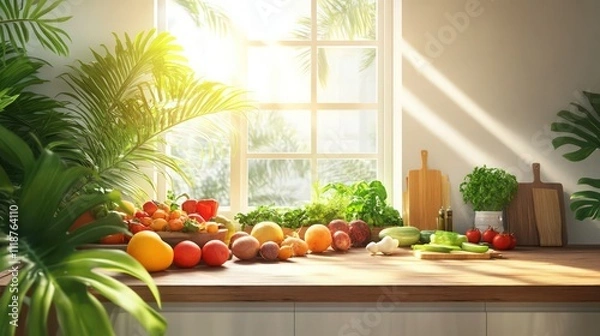 Fototapeta A bright kitchen with fresh fruits and vegetables on a wooden countertop, surrounded by lush plants and a sunlit window.