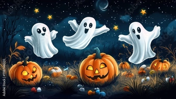 Fototapeta A whimsical Halloween scene featuring playful ghosts and carved pumpkins under a starry sky.