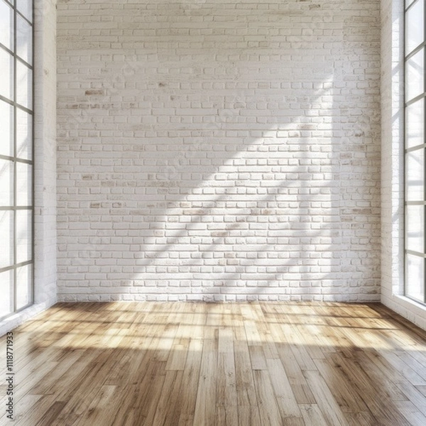 Fototapeta Stylish Room Featuring a White Brick Wall and Rustic Wood Flooring in Modern Gallery Setup
