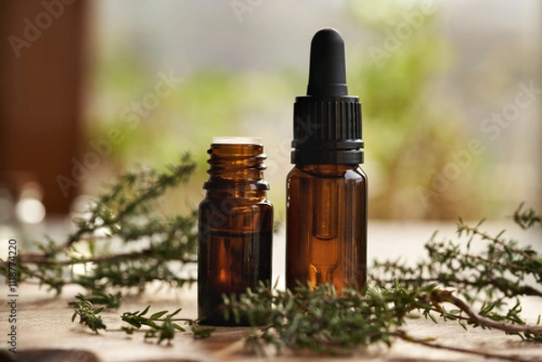 Fototapeta Two bottles of aromatherapy essential oil with thyme leaves