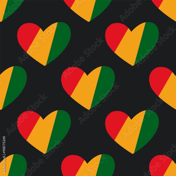 Fototapeta Black History Month seamless pattern. A print with hearts in traditional African colors - red, yellow and green. Juneteenth background.