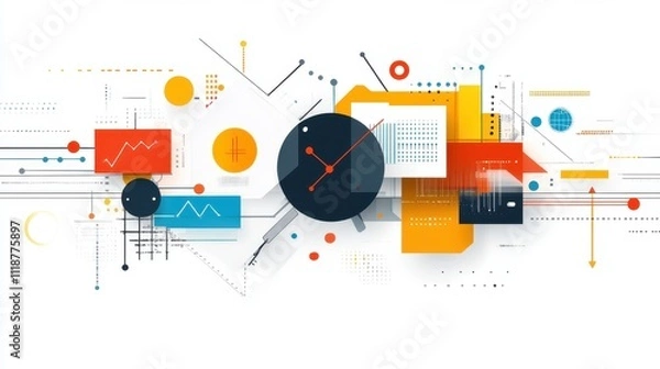 Obraz Abstract design featuring clocks, graphs, and geometric shapes, symbolizing data and time.