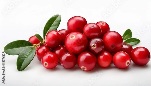 Fototapeta A pile of fresh cranberries with green leaves.