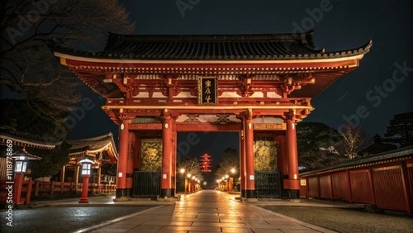 Fototapeta Ancient Gate The Nian emerges beneath an ancient wooden gate adorned with red and gold motifs for the New Year. The vibrant colors contrast starkly with the monsters dark form. As