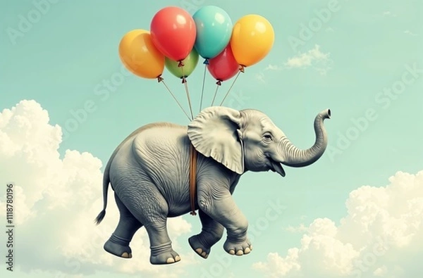 Fototapeta A whimsical illustration of an elephant floating in the sky with colorful balloons tied to its back. The light blue sky and fluffy clouds enhance the playful and imaginative nature of the scene.