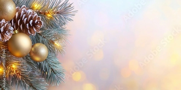 Fototapeta Festive Christmas Pine Branch with Gold Baubles and Pinecones Holiday Background for Seasonal Greeting Cards and Posters Warm Tones and Soft Bokeh Effect Enhance Elegant Atmosphere