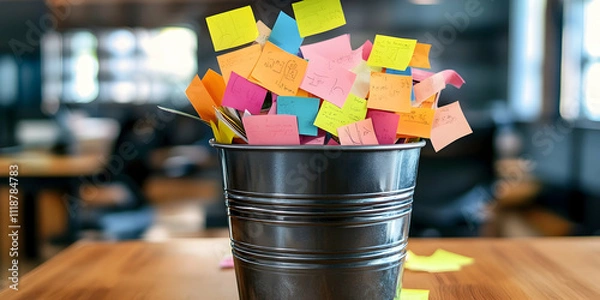 Obraz Office Trash Can Overflowing with Colorful Sticky Notes, Symbolizing Workplace Creativity-