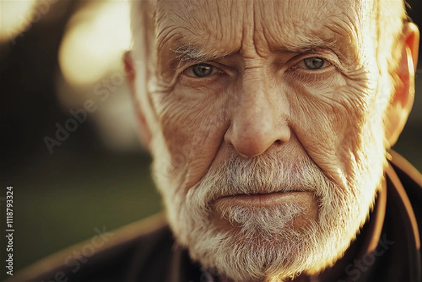 Fototapeta An elderly man with a contemplative expression, capturing a moment of introspection and wisdom in a detailed close-up portrait with warm lighting.