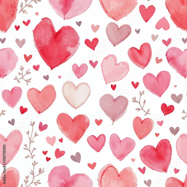Fototapeta Watercolor seamless pattern with red hearts on white background
