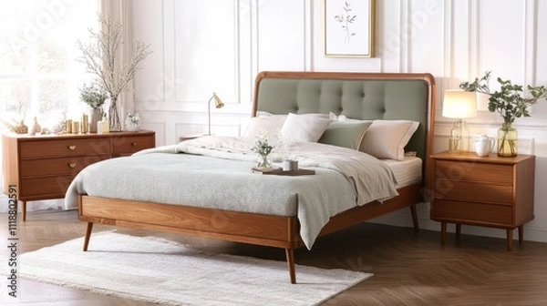 Fototapeta Solid wood bed features a green upholstered headboard and light linen quilt, paired with stylish bedside tables and warm lighting