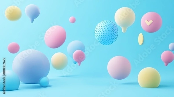 Fototapeta Colorful 3D abstract shapes floating in a serene blue background, evoking a playful and modern vibe.