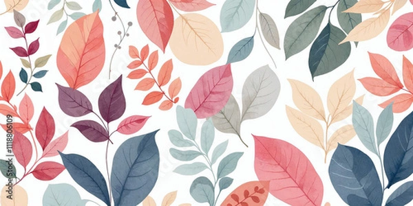 Fototapeta Watercolor illustration of colorful leaves seamless pattern on white background