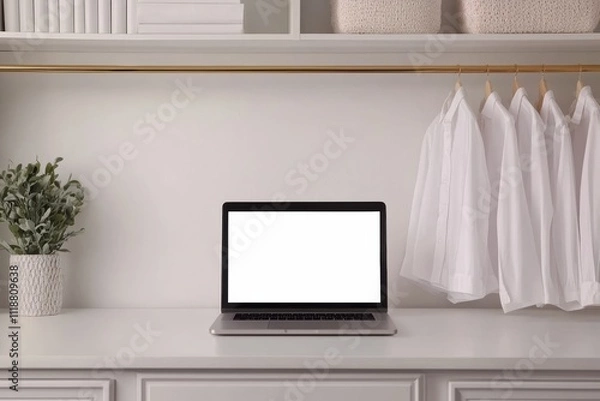 Fototapeta Modern minimalist home office setup featuring laptop with blank screen, potted plant, and white shirts