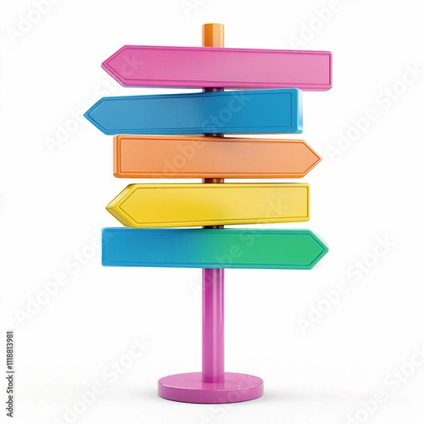 Fototapeta Colorfull arrows points out different directions on a light blue background. Shows options for where to go at a crossroads. Simple design, 3D rendering.