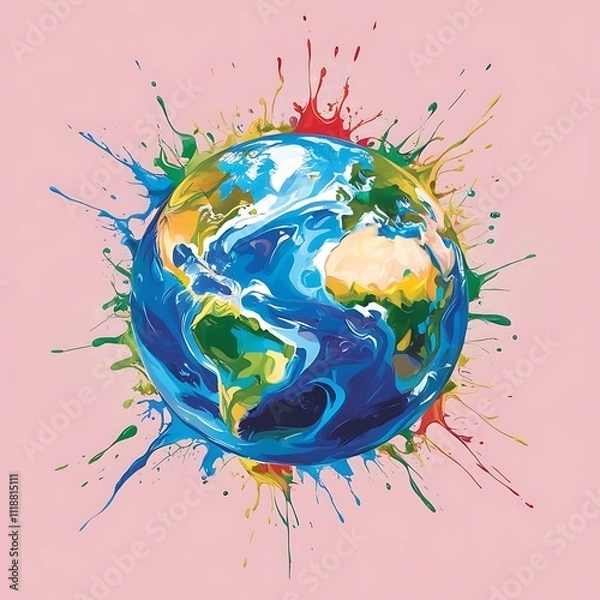Obraz Animated planet earth with vibrant colors and watercolor splash with pink background illustration