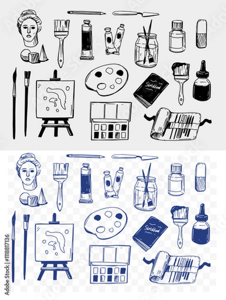 Fototapeta Artist tools, brushes, paints, pencils, easel, set of objects, hand drawn vector illustrations, monochrome