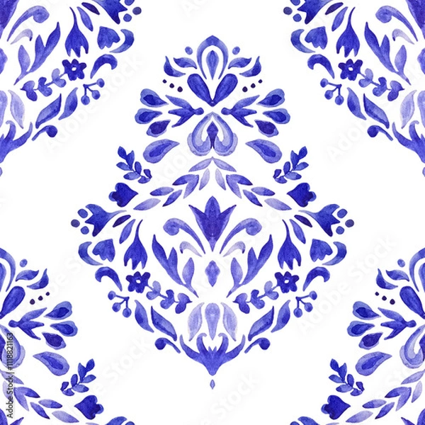 Obraz Abstract blue and white damask hand drawn tile seamless ornamental watercolor paint pattern. Elegant luxury texture.