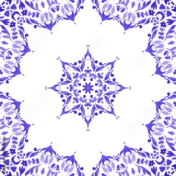 Obraz Blue seamless ornamental watercolor tiled pattern hand drawn graphic mandala. Gorgeous azulejo reapeatable rapport.