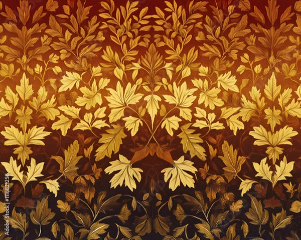 Fototapeta A decorative pattern featuring intricate golden leaves on a gradient background.